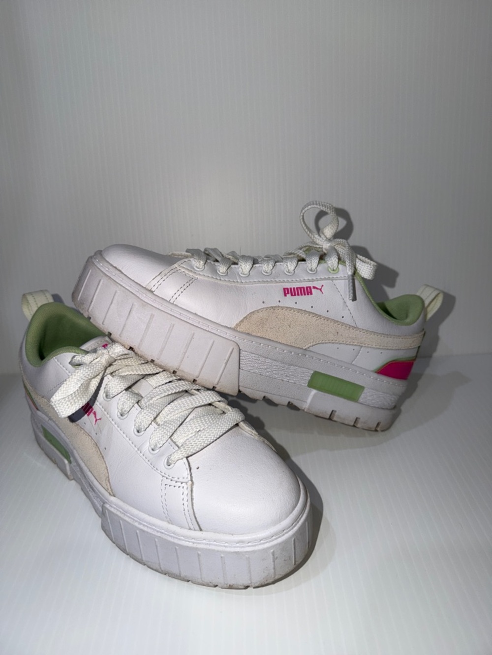 Puma White Platform Sneakers with Green Lining and Pink Accents
